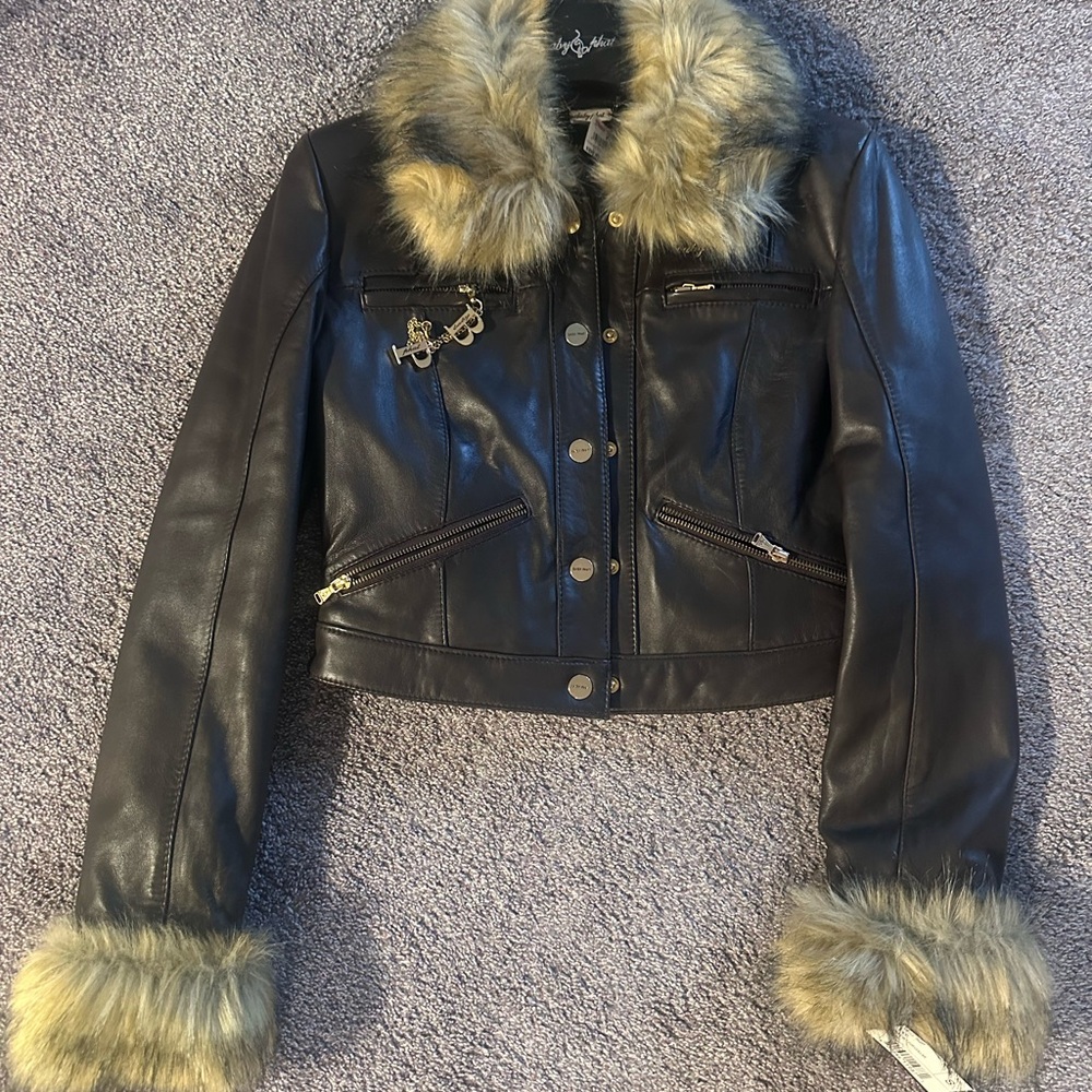 Baby Phat Brown Leather Jacket with Faux Fur Accents